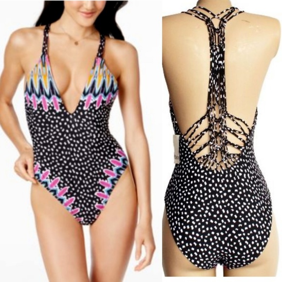 Plunge Macrame Strappy Back Swimsuit - Picture 1 of 5